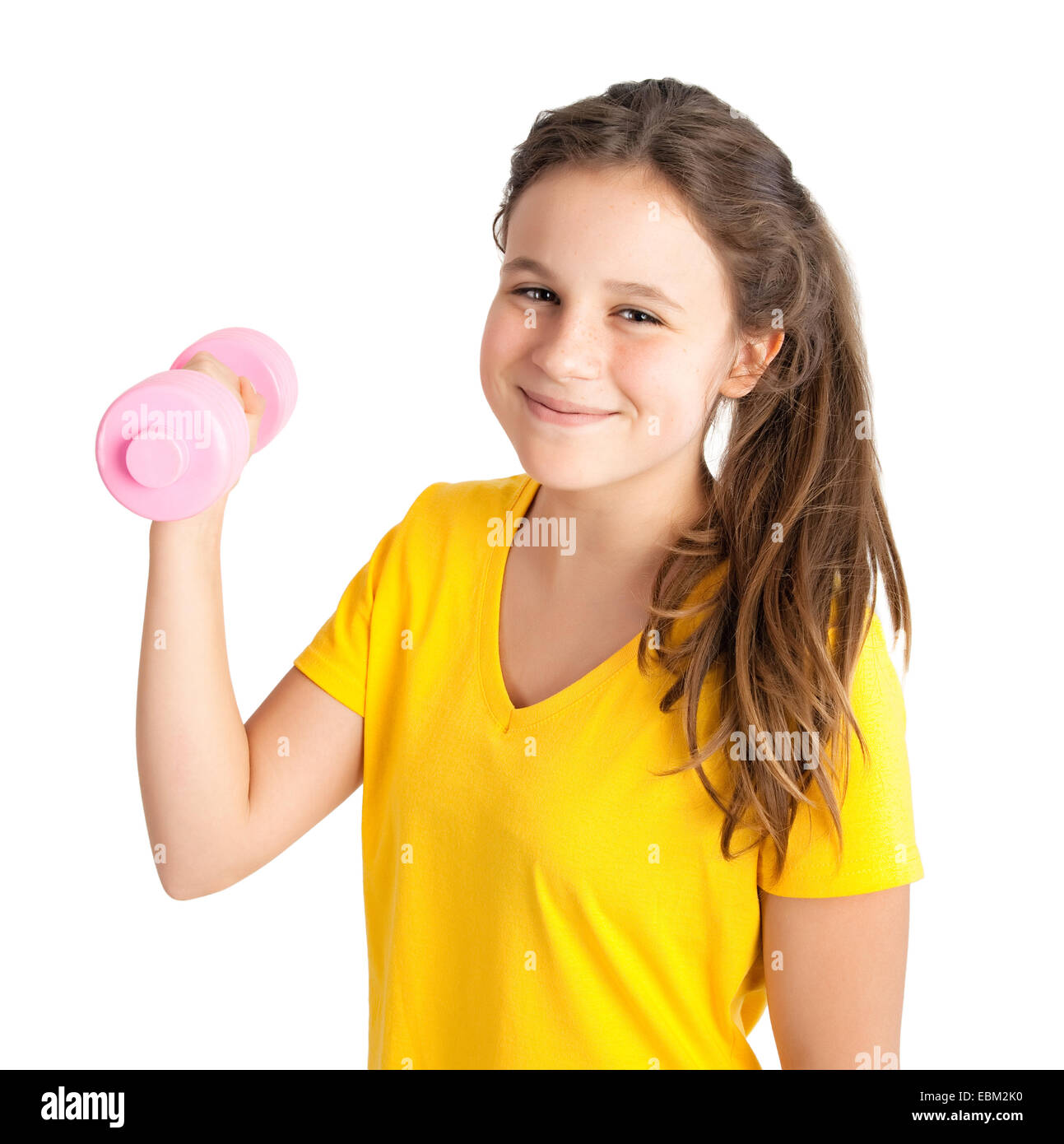 young girl with dumbbell Stock Photo