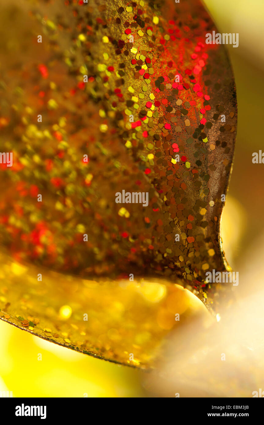 Close up of foliage in a Christmas bouquet. Gold sprayed Ruscus with highlights of red glitter. Stock Photo