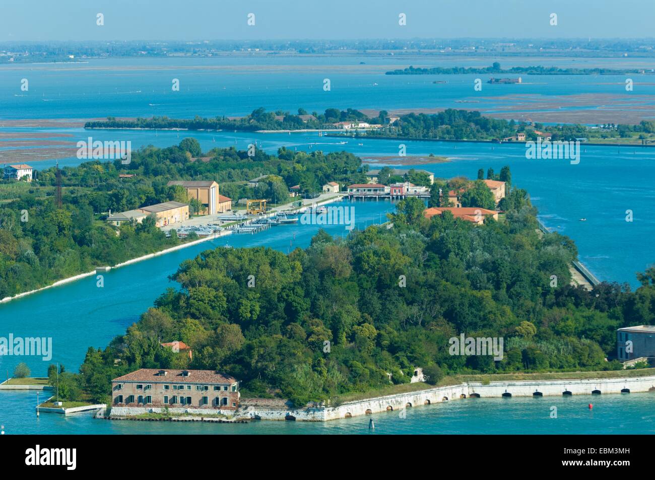 Aerial view of Le Vignole and isola di Sant'Andrea islands,  Venice lagoon, Italy, Europe Stock Photo