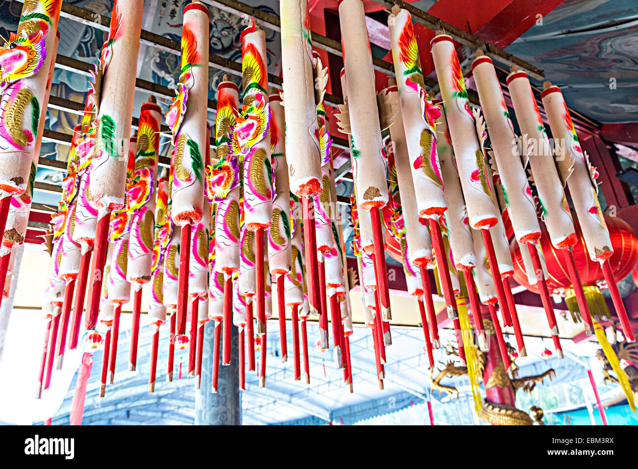 Incense candles for sale hanging from ceiling, Tua Pek Kong Chinese Temple, Miri, Sarawak, Malaysia Stock Photo