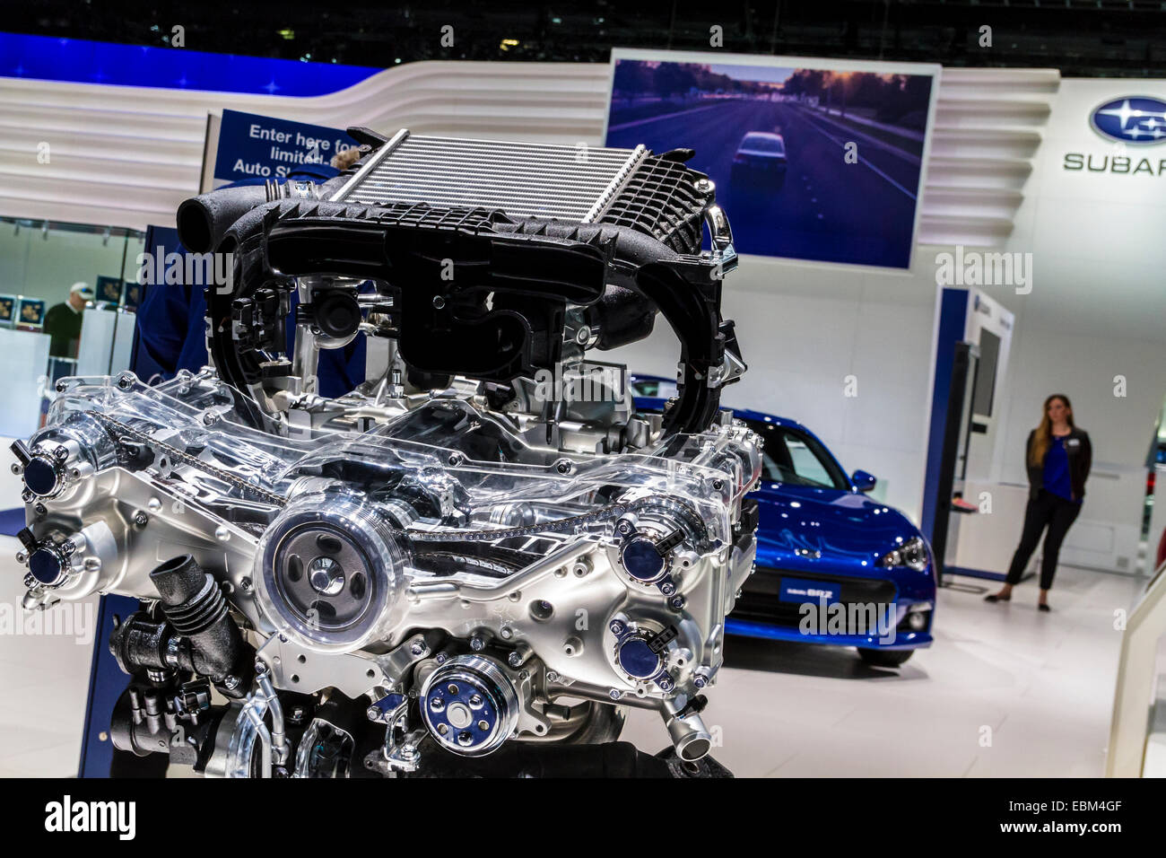A cutaway Subaru flat four engine at the 2014 Los Angeles Auto Show Stock Photo