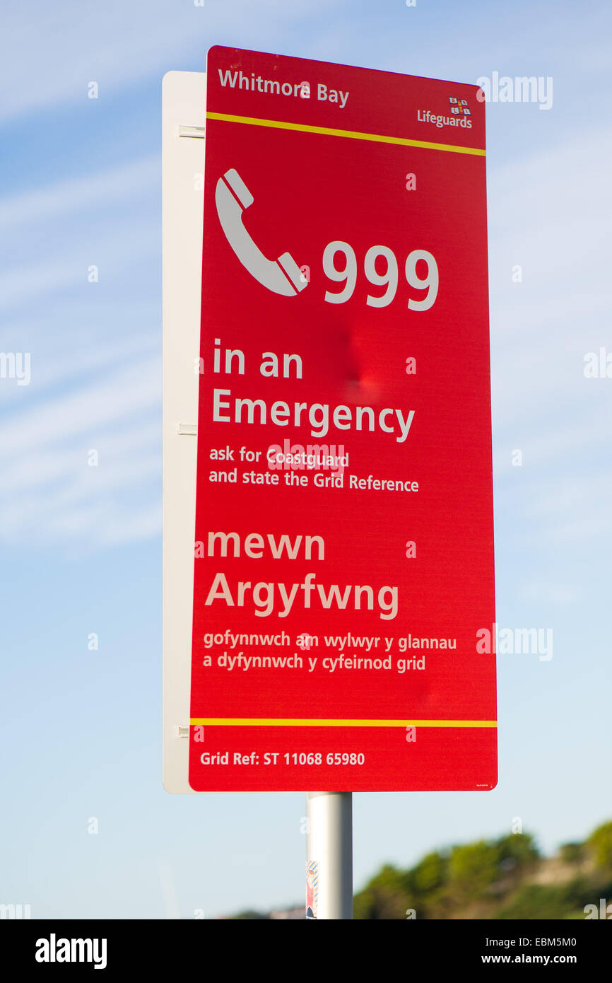 An emergency telephone to call the coastguard on 999, in Barry Island, Wales, UK. Stock Photo
