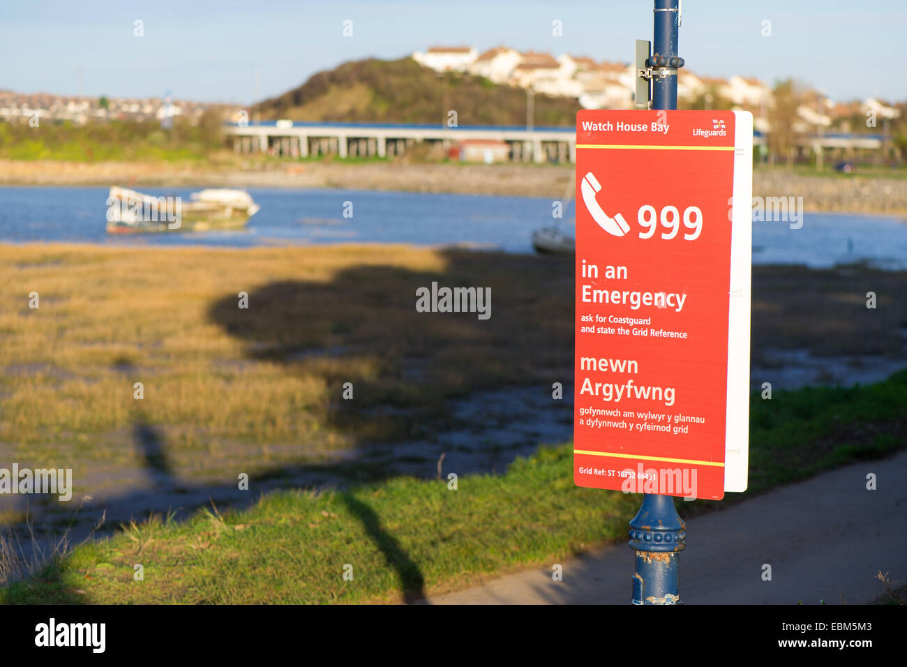 An emergency telephone to call the coastguard on 999, in Barry Island, Wales, UK. Stock Photo