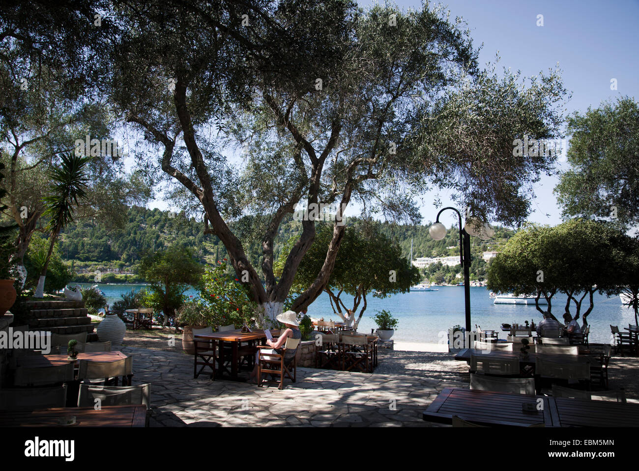 Greek taverna on paxos mongonissi, holiday, vacation, lunch, food, tranquil, peaceful, Stock Photo