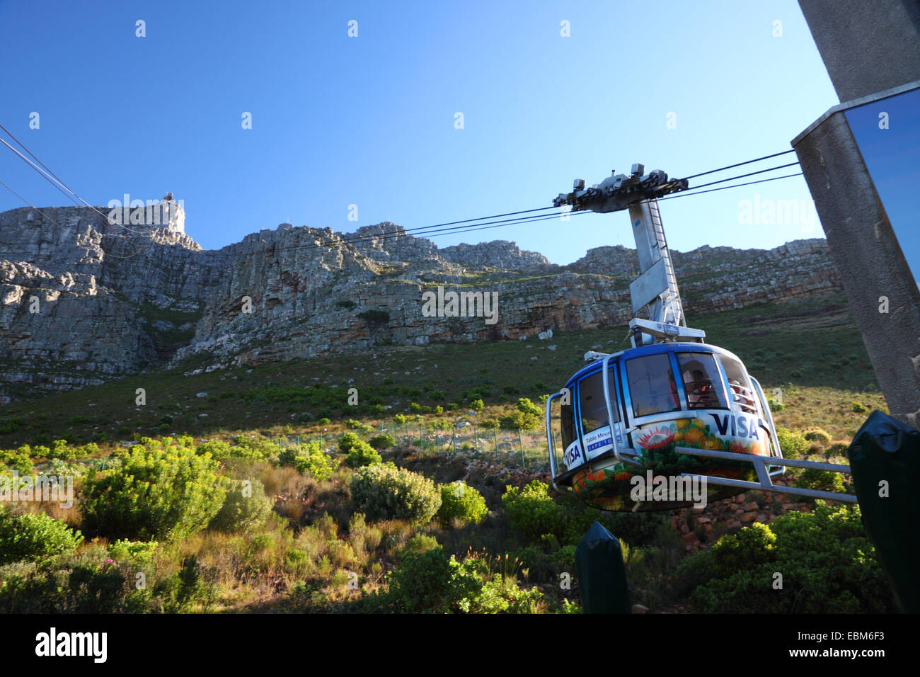 A cable car ascending to Table Mountain, South Africa. Stock Photo