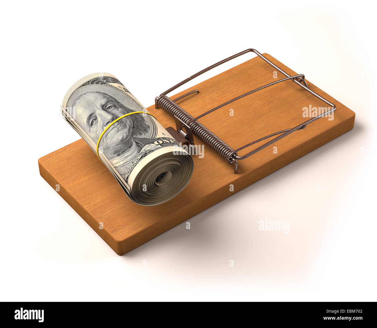 Wad of cash as bait in a trap. Depth of field. Clipping path included. Stock Photo