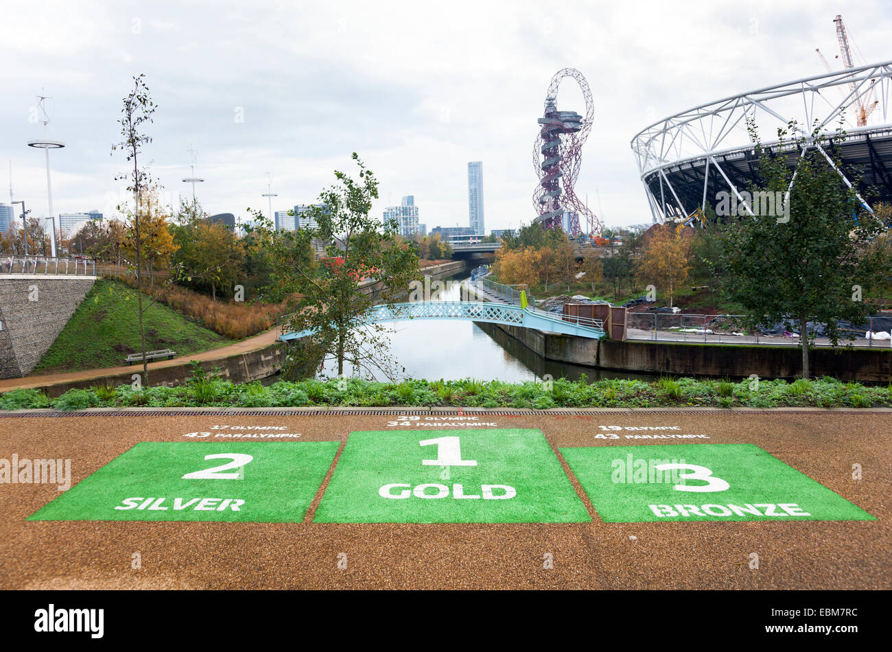 Olympic Park in Stratford, London, England - facts telling how many medals were won by the UK in the 2012 Olympic games Stock Photo