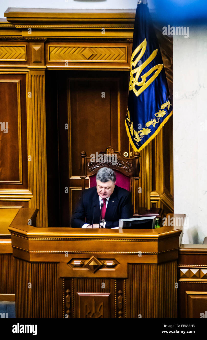 Kiev, Ukraine. 2nd Dec, 2014. President Petro Poroshenko -- Verkhovna Rada of Ukraine adopted the new government. For an updated Cabinet voted 288 deputies. Among the new ministers - three foreigners who decree Poroshenko was granted Ukrainian citizenship. As head of the Ministry of Finance appointed a US citizen of Ukrainian origin Natalia Yaresko, Economic Development Minister became Lithuanian Aivaras Abromavicius, and the Minister of Health - a citizen of Georgia Alexander Kvitashvili. Stock Photo
