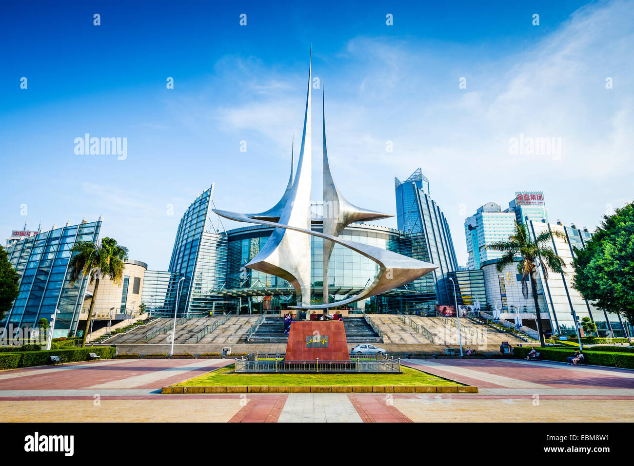 Modern sculpture at Wuyi square and the Grand Theatre of Fuzhou. Stock Photo