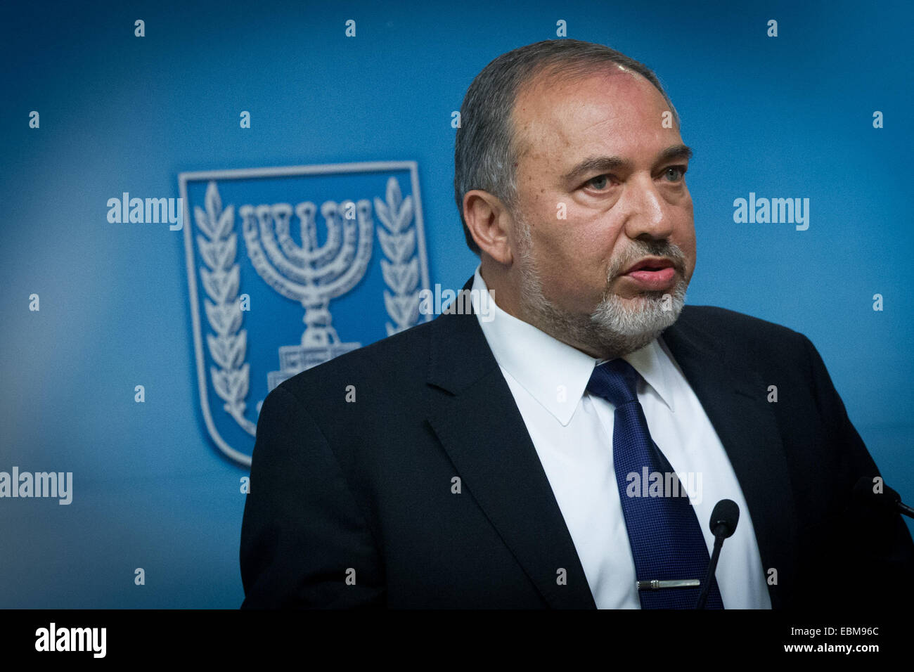 Jerusalem. 2nd Dec, 2014. Avigdor Lieberman, Israeli Foreign Minister and leader of the Israel Beytenu Party, holds a press conference at Israeli Ministry of Foreign Affairs in Jerusalem, on Dec. 2, 2014. Israeli Prime Minister Benjamin Netanyahu announced his support for dispersing the Knesset (parliament) and conducting early elections amid a coalition crisis. During a press conference at his Jerusalem office, Netanyahu also said he has ordered to fire Justice Minister Tzipi Livni and Finance Minister Yair Lapid Credit:  JINI/Xinhua/Alamy Live News Stock Photo