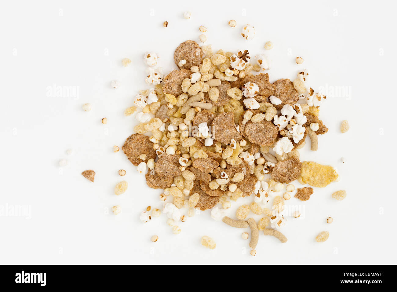 Morning cereal mix from above on white background Stock Photo