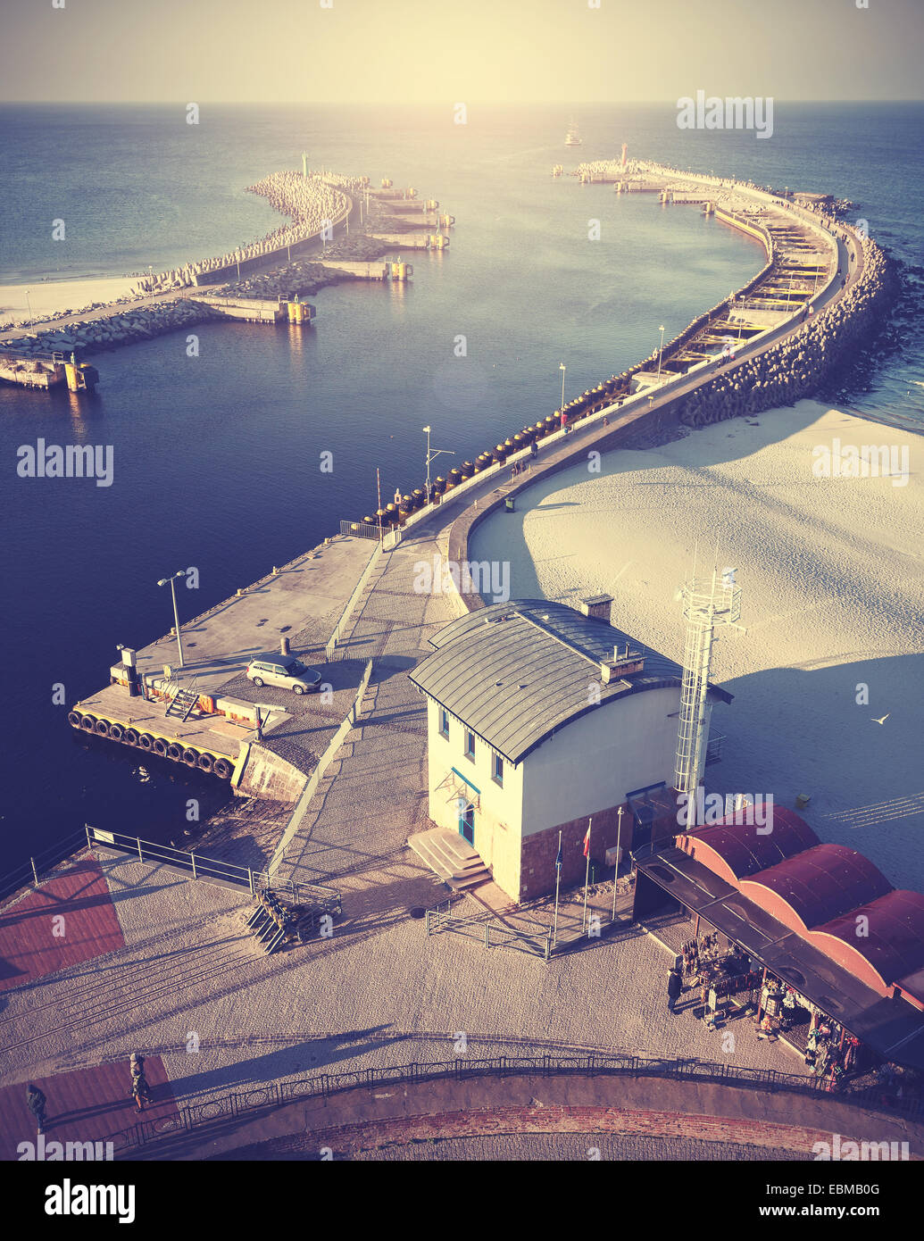 Vintage filtered picture of harbor in Kolobrzeg. Stock Photo