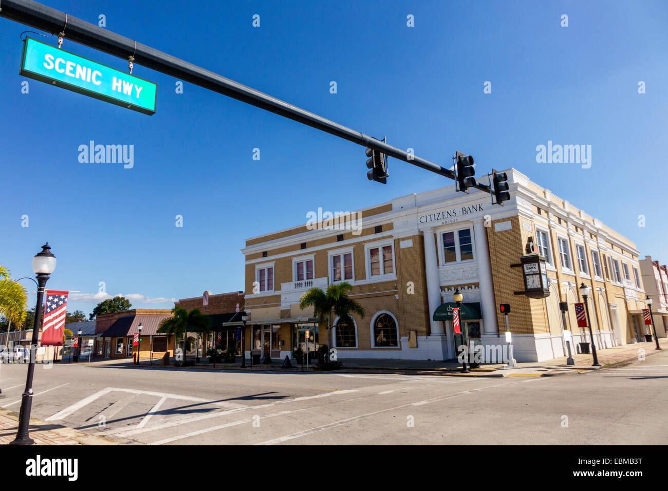Florida Frostproof,historic downtown,Citizen's Bank,building,wide street,sign,logo,Scenic Hwy Highway,visitors travel traveling tour tourist tourism l Stock Photo