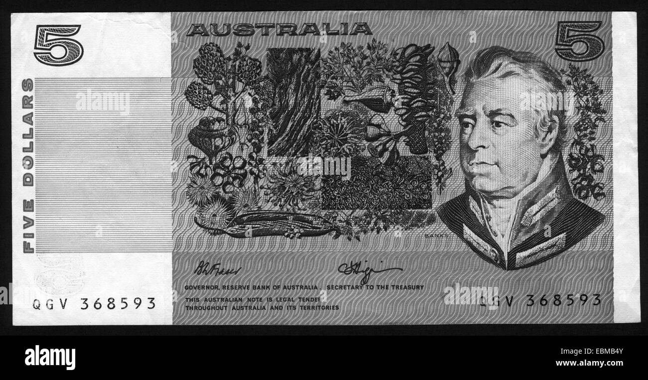 Banknote,Currency, 5,Australia Stock Photo