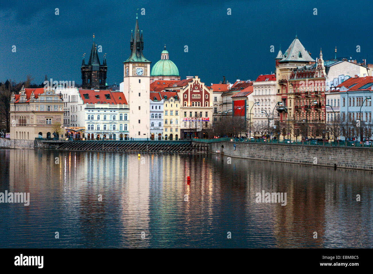 Vltava river, Smetana Museum in the former waterworks, the Old Town Bridge Tower, Water tower, dome of the Cross Church, Prague Stock Photo