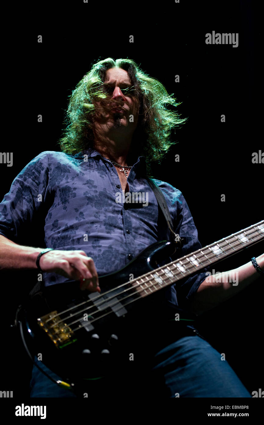 Freiburg, Germany. 2nd December, 2014.  Bass player from Lou Gramm's band performs live at Rothaus Arena. Photo: Miroslav Dakov/ Alamy Live News Stock Photo