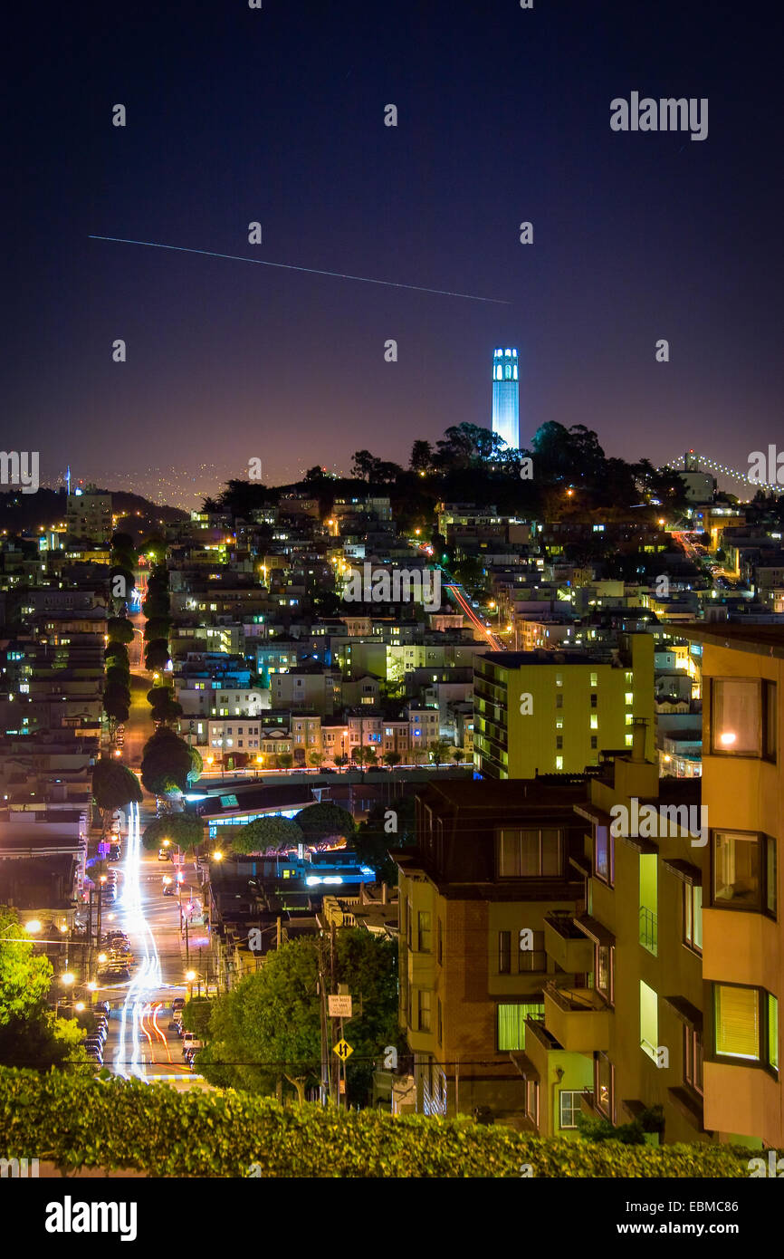 Coit Tower at night seen from Lombard Street of San Francisco