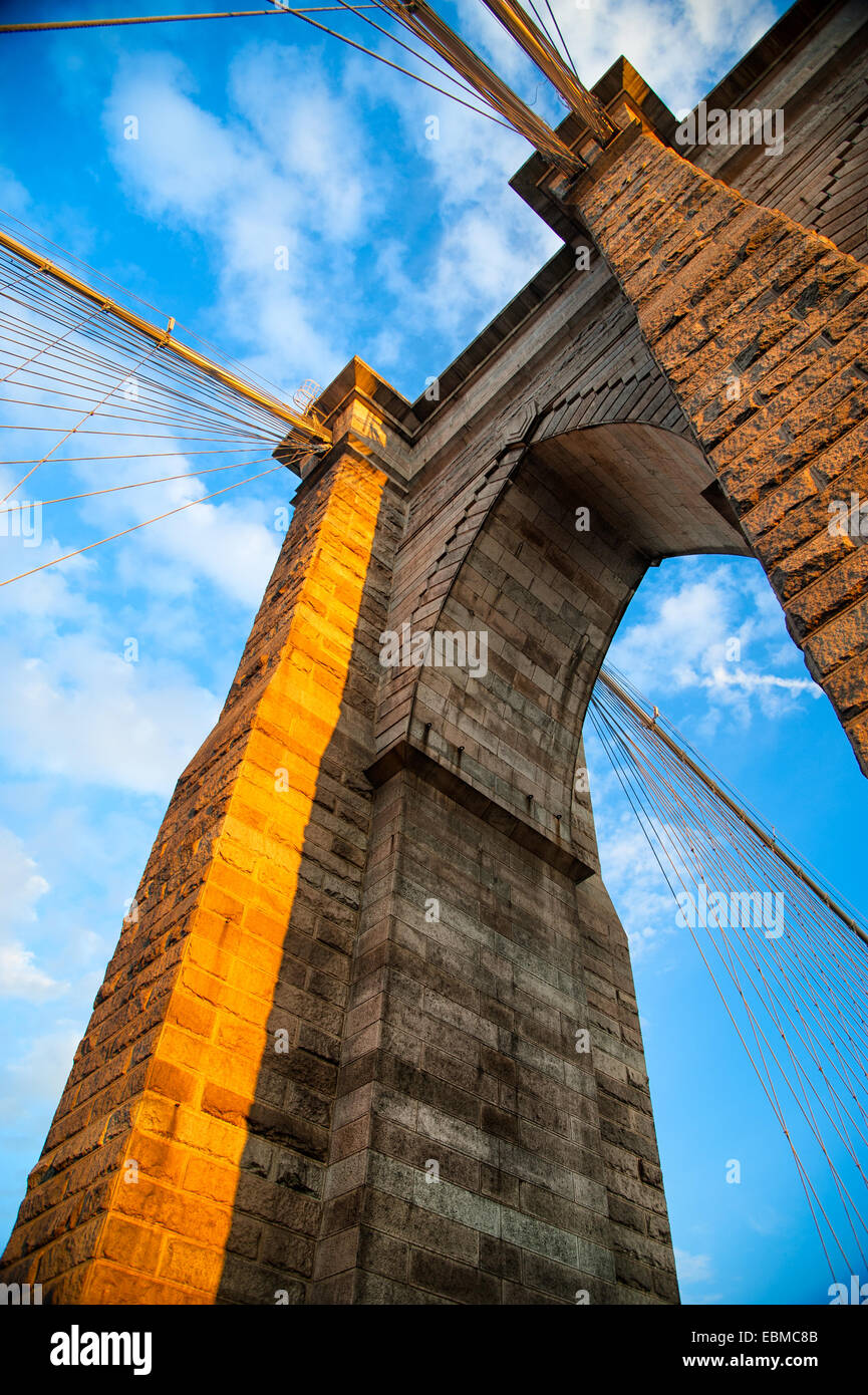 Low angle view of a suspension bridge, Brooklyn Bridge, Brooklyn, New
