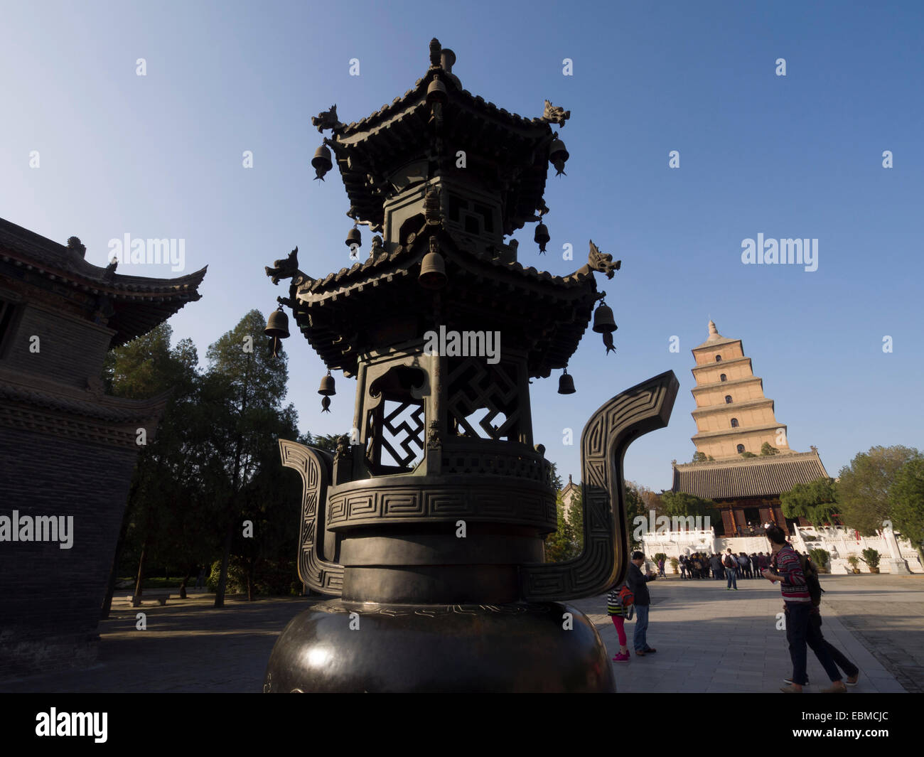 Incense burner in front of the Big Wild Goose Pagoda at the Da Ci'en Buddhist temple in Xian, China Stock Photo