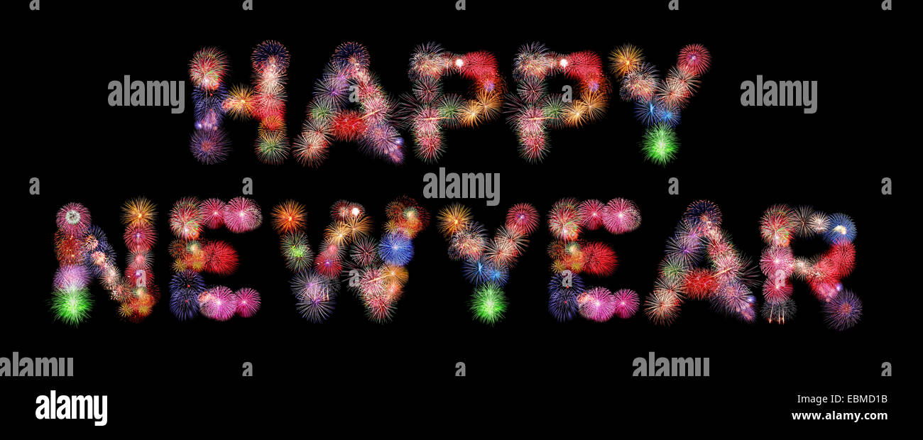 Happy new year text colorful fireworks isolated on black background ...