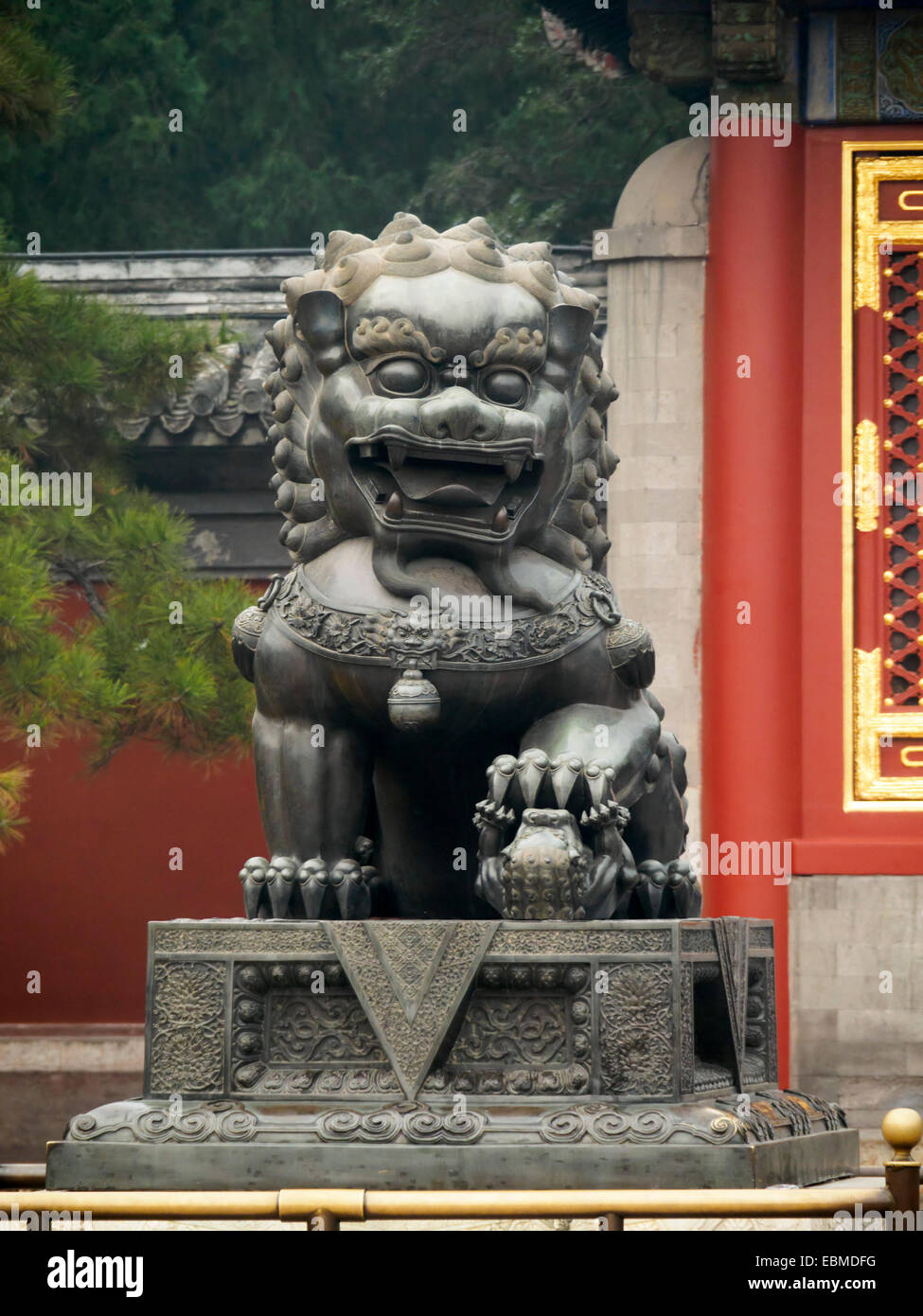Bronze statue of Chinese guardian lions in the Summer Palace in Beijing