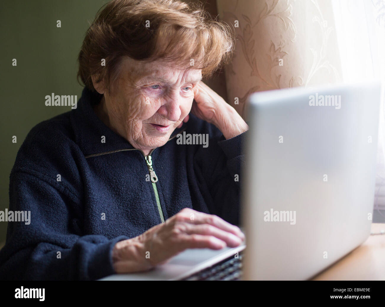 Mature woman working on a laptop. Stock Photo