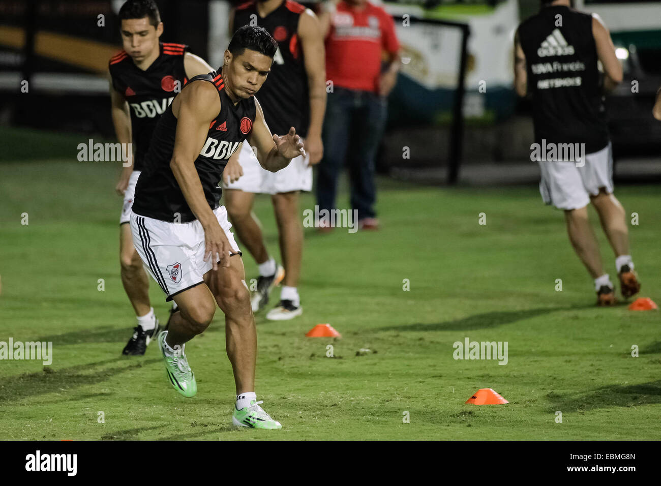 Medellin, Colombia. 2nd Dec, 2014. Teofilo Gutierrez (Front) of River Plate takes part in a training session prior to the first match of the South American Cup final against Atletico Nacional in the Atanasio Girardot Stadium, in the city of Medellin, Colombia, on Dec. 2, 2014. © Jhon Paz/Xinhua/Alamy Live News Stock Photo