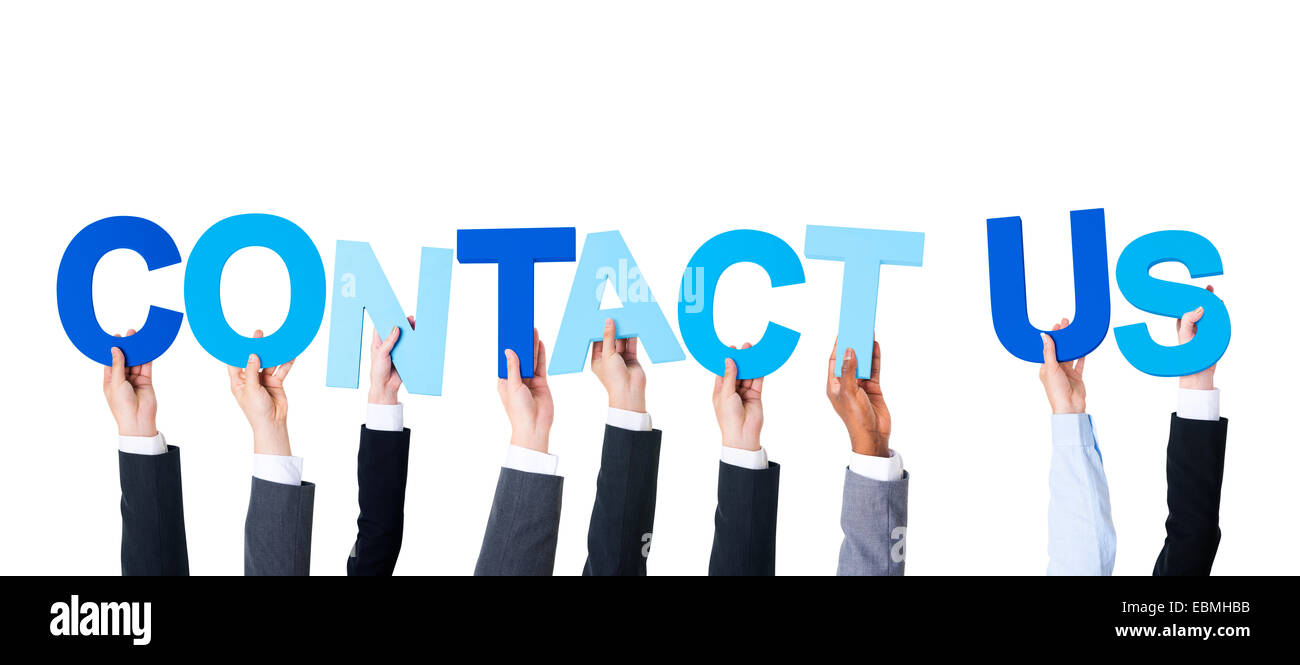 Multiethnic Business People Holding Contact Us Stock Photo Alamy