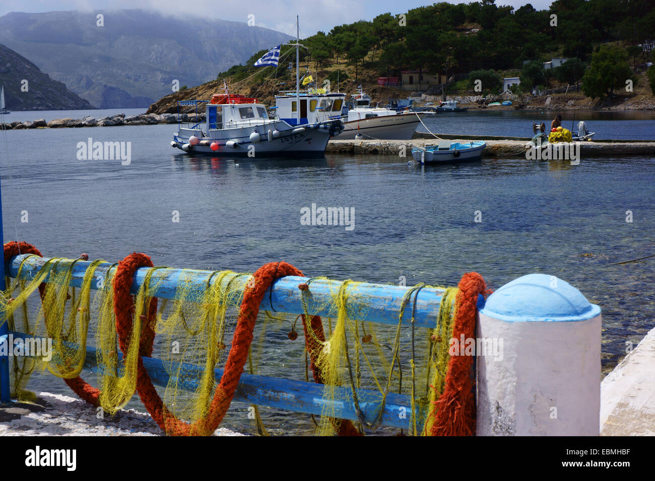 Island Telendos, Island Kalymnos in back, Greece Stock Photo