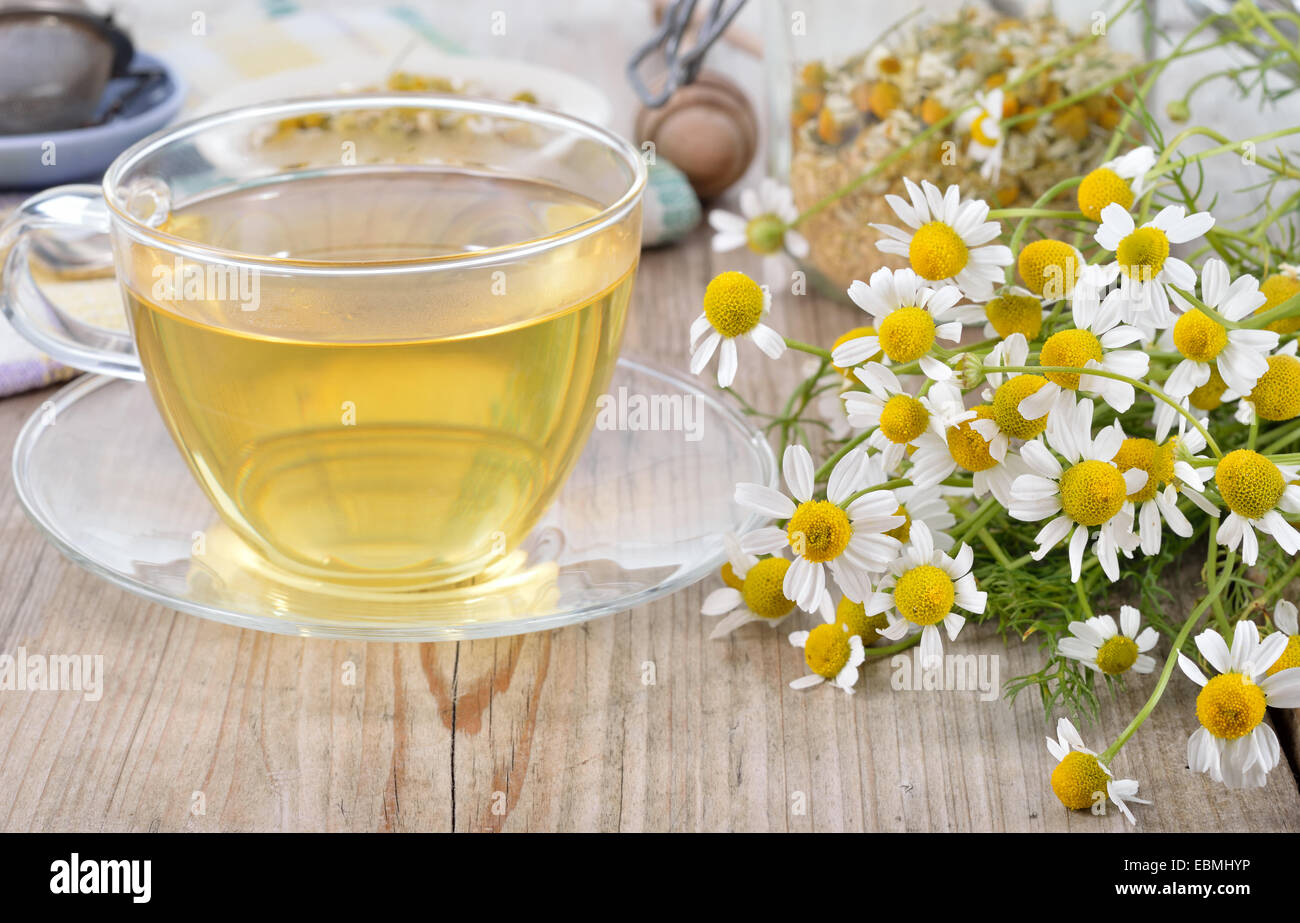 Cup of herbal chamomile tea on a wooden table. Chamomile tea in a transparent cup and camomile flowers on wooden table. Stock Photo