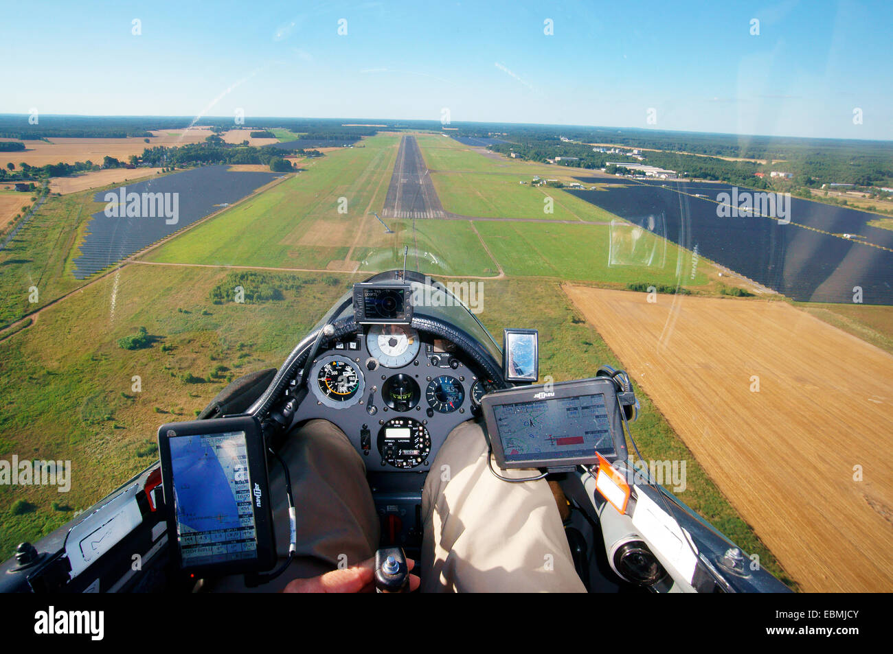 View from the cockpit of a glider, landing approach at the Rothenburg airfield in Upper Lusatia, Rothenburg, Saxony, Germany Stock Photo