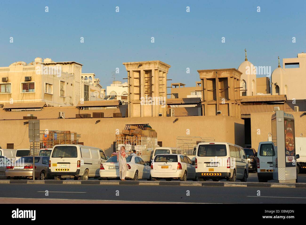 Street scene with wind towers or Badgir, Daira, Dubai, Emirate of Dubai, United Arab Emirates Stock Photo
