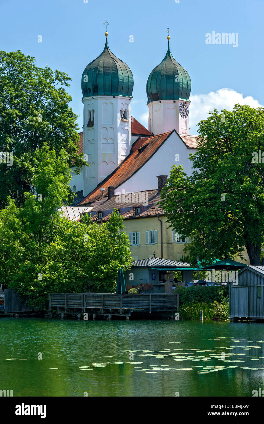 Benedictine monastery Seeon with monastery church of St. Lambert, Klostersee, Seebruck, Chiemgau, Upper Bavaria, Bavaria Stock Photo