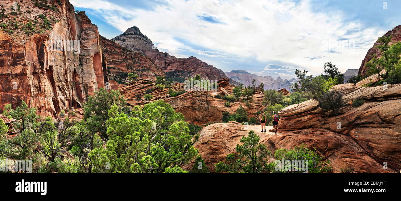 Hikers at Canyon Overlook, Zion National Park, Utah, United States Stock Photo