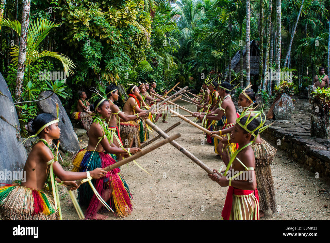 Stick dance performed by the tribal people of Yap Island, Caroline Islands, Micronesia Stock Photo