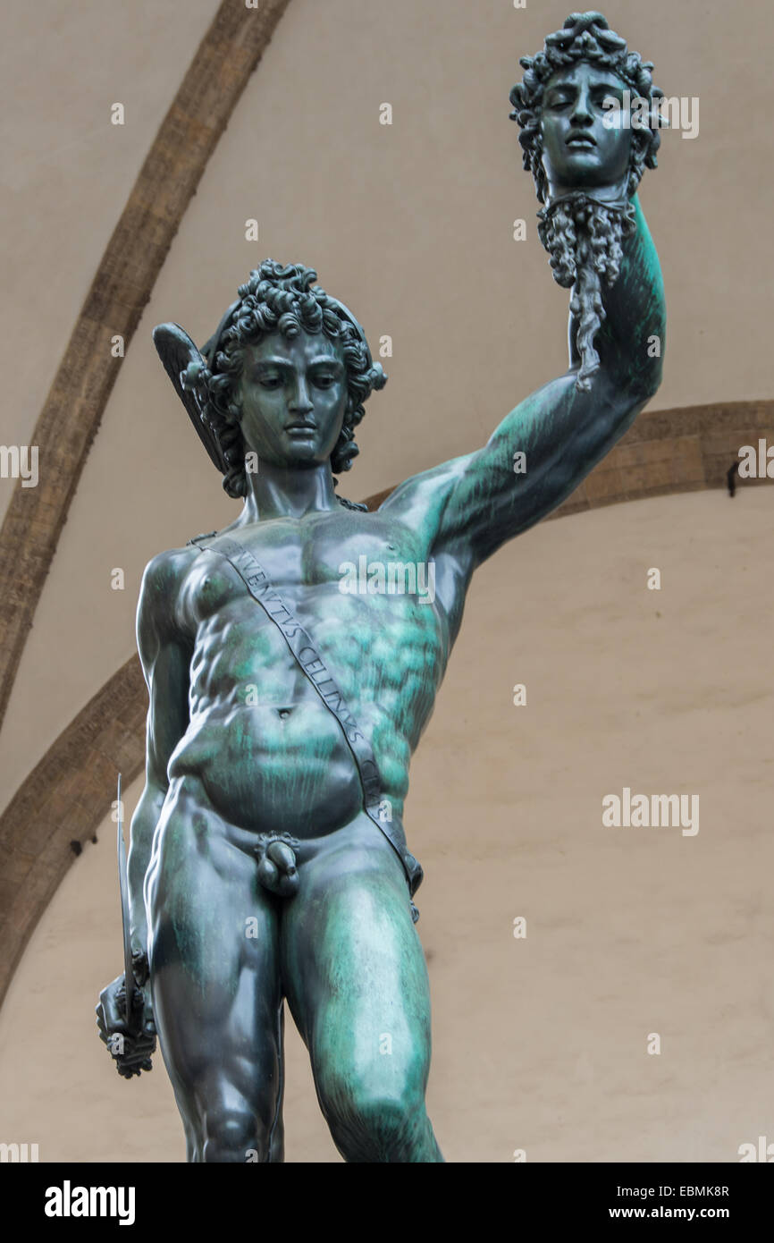 Famous bronze statue by Benvenuto Cellini Perseus with the severed head of  Medusa placed in Piazza della Signoria in Florence Stock Photo - Alamy