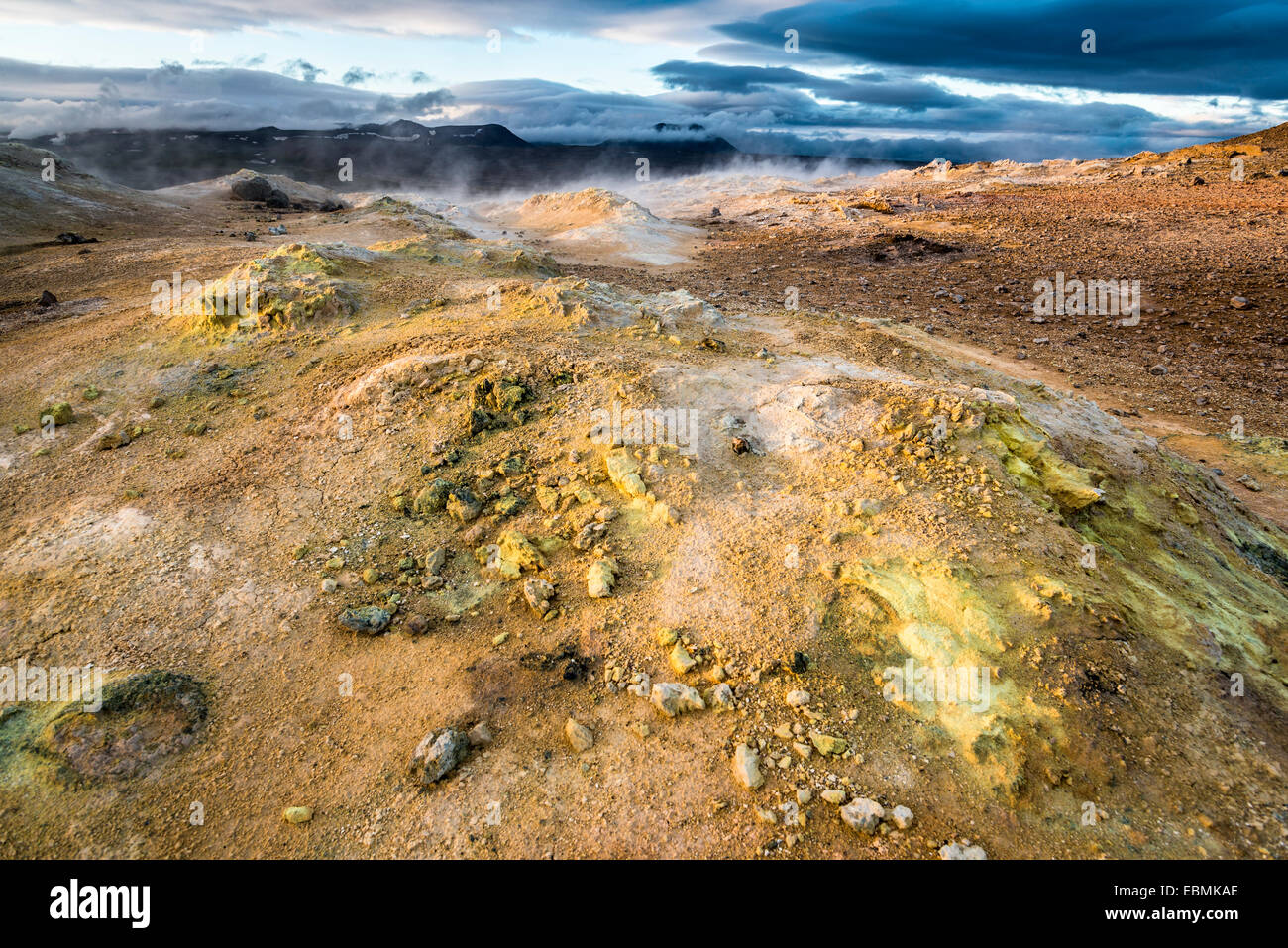 Solfataras, fumaroles, mud pots, mud pools, sulfur and other minerals, on the summit of the mountain Námafjall, Stock Photo
