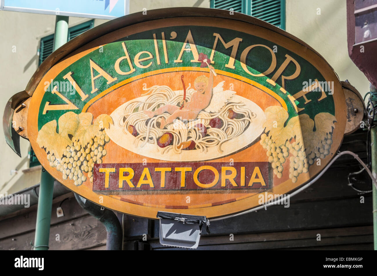 Sign, Via dell 'Amore, Way of Love, trattoria, Cinque Terre, Liguria, Italy Stock Photo