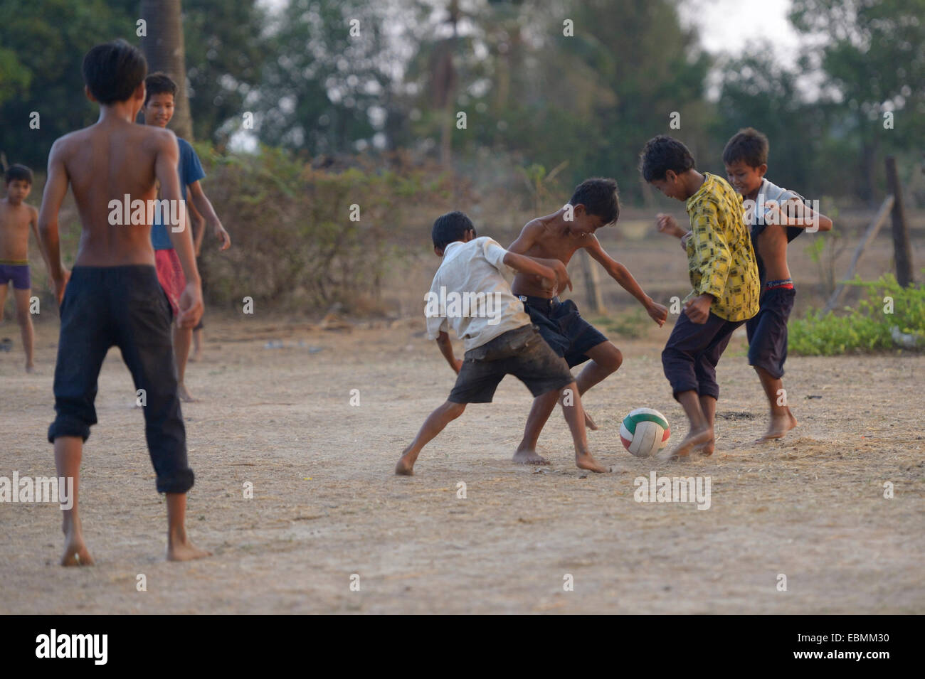 Boys playing football, Bathi District, Takéo Province, Cambodia Stock Photo