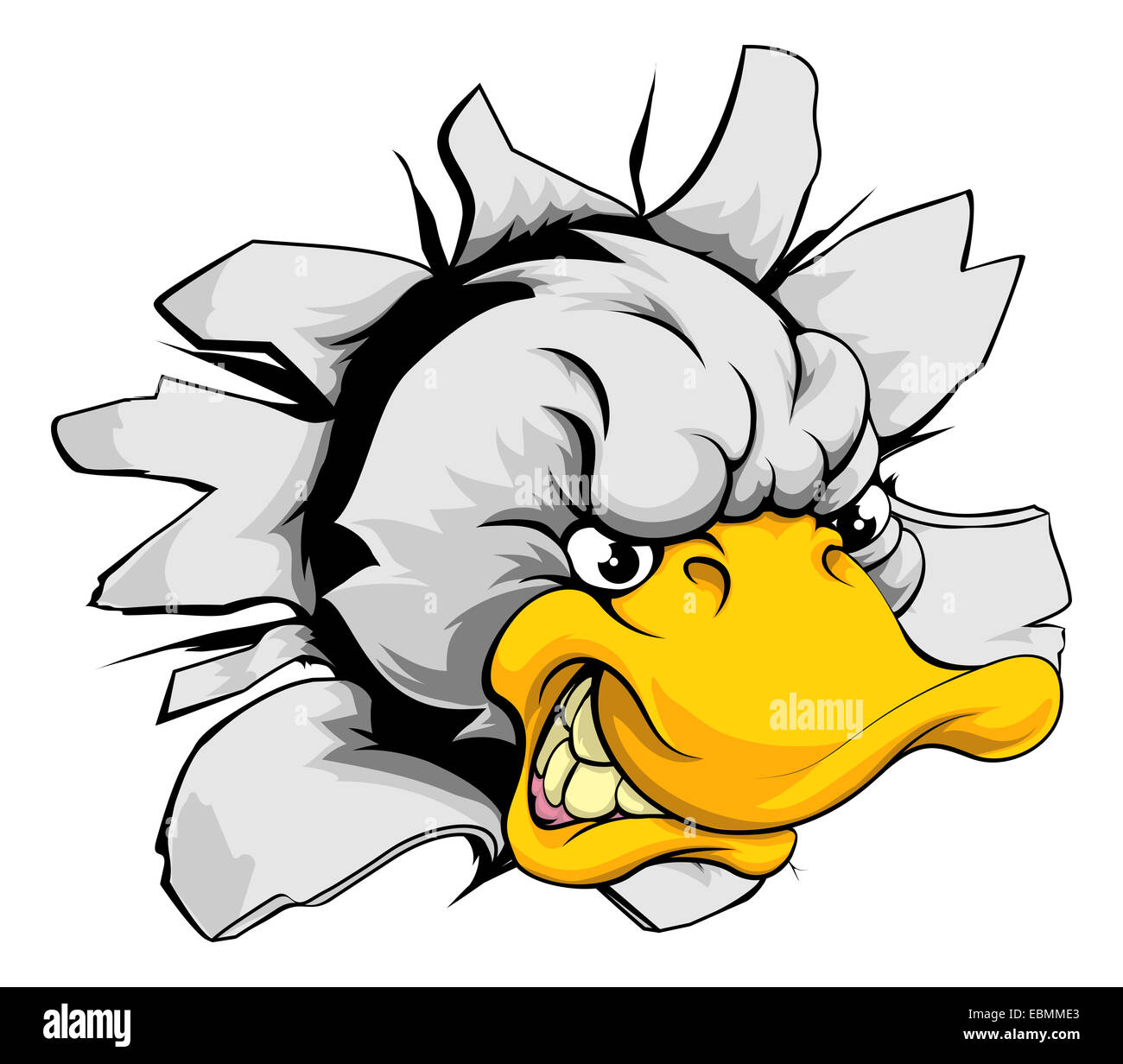 A mean looking duck animal mascot breaking through a wall Stock Photo