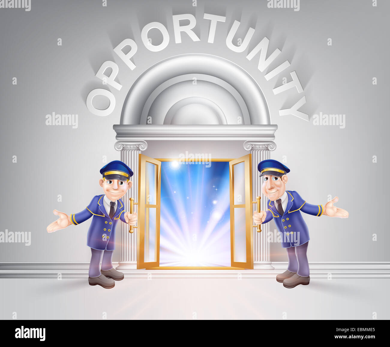 Opportunity concept of a doormen hoding open a door to opportunity with light streaming through it. Stock Photo