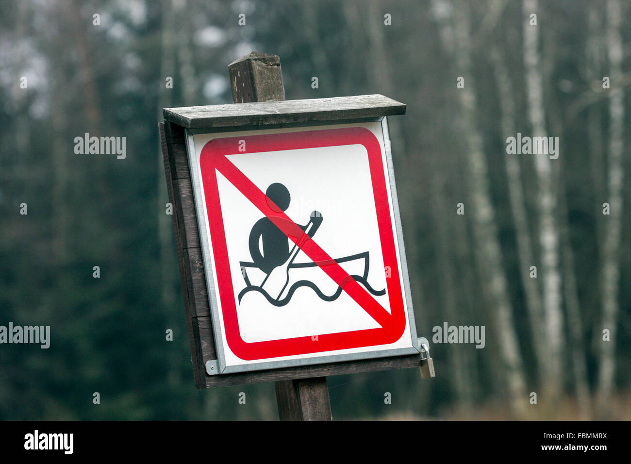 Prohibited of canoeing the river Vltava, sign Czech National Reserve Sumava Czech Republic Stock Photo