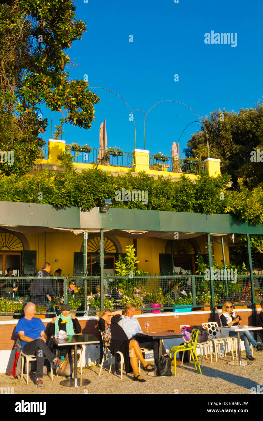 Cafe terrace, in front of Giardini della Biennale, park in which Biennale is held, Castello, Venice, Italy Stock Photo