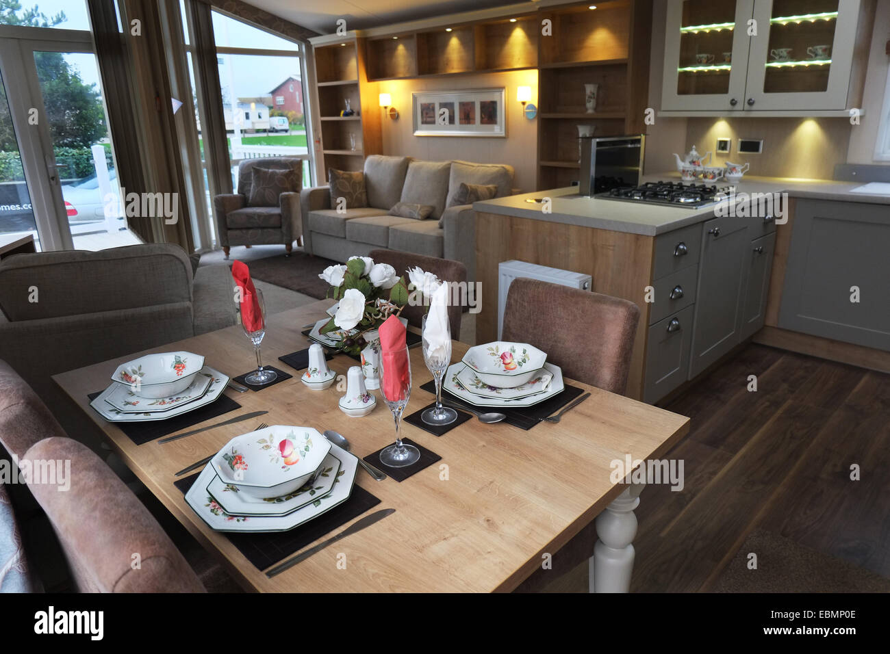 Inside new large static caravan prepared for viewing and sale. Stock Photo