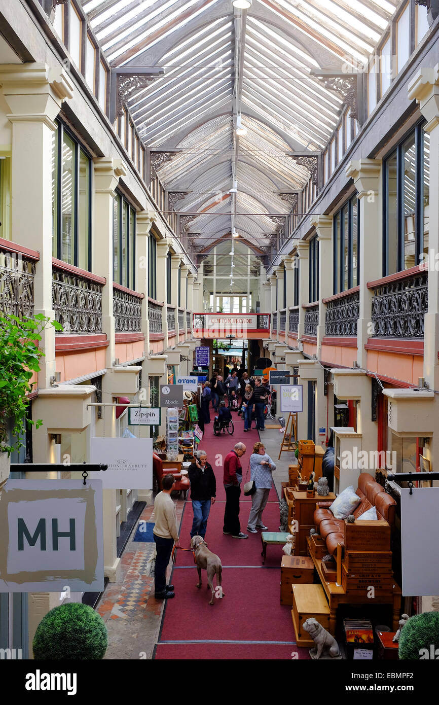 The interior of the Clifton Arcade, a small shopping Victorian shopping arcade with a gallery - Clifton, Bristol Stock Photo