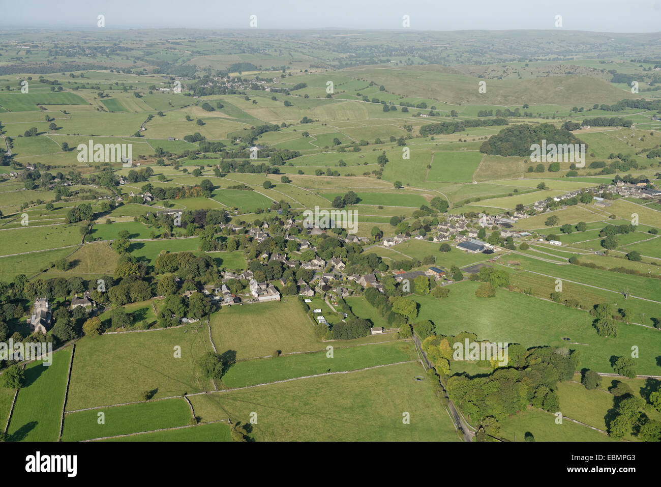 An aerial view of the village of Alstonefield in the Peak District national park Stock Photo