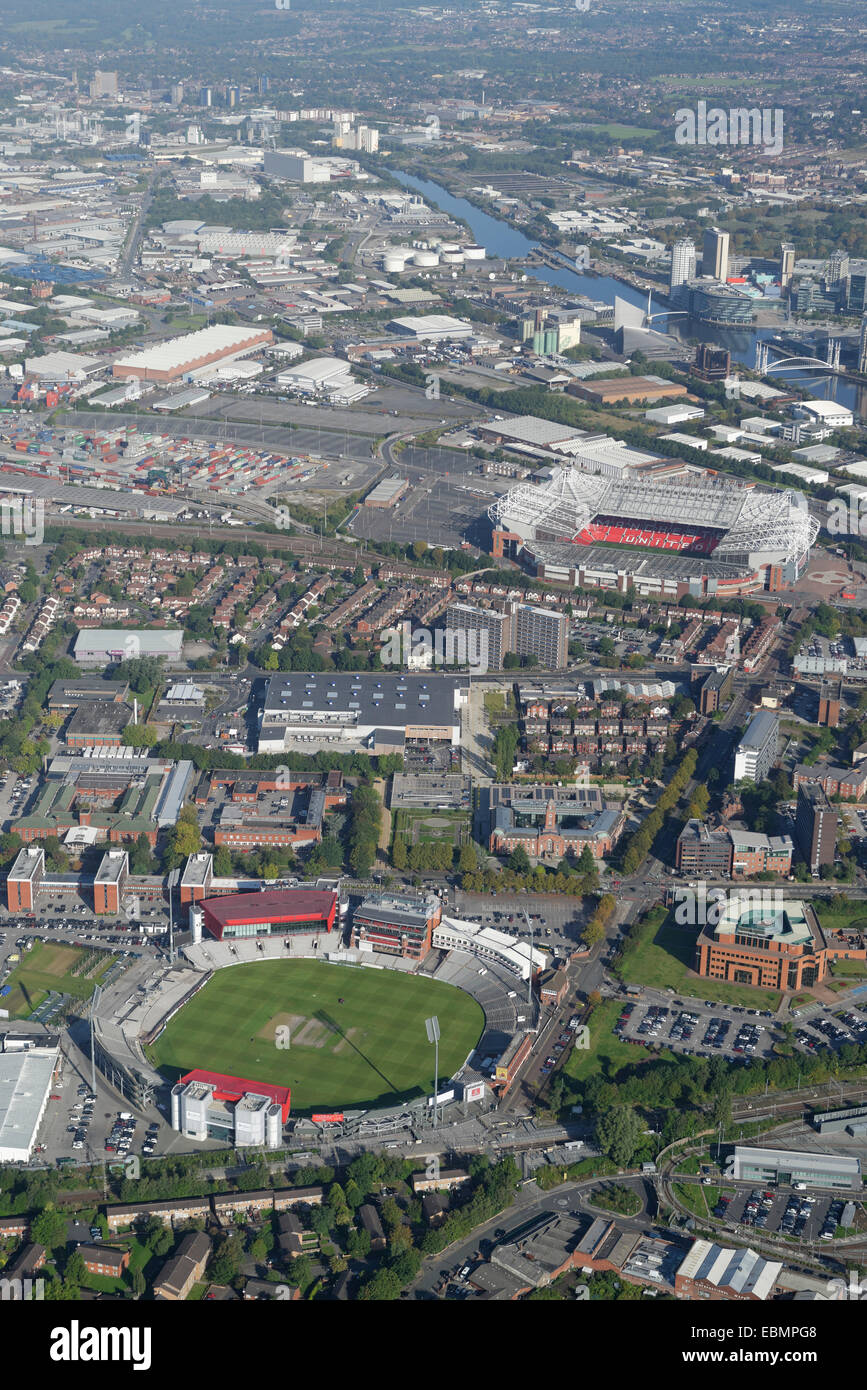 An aerial view of the Old Trafford and Trafford Park areas of Manchester showing both the football and cricket grounds. Stock Photo