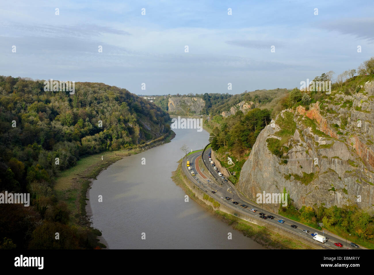 Bristol, England - October 31st, 2014: View from the pedestrian walkway of Clifton Suspension Bridge over the Avon Gorge Stock Photo