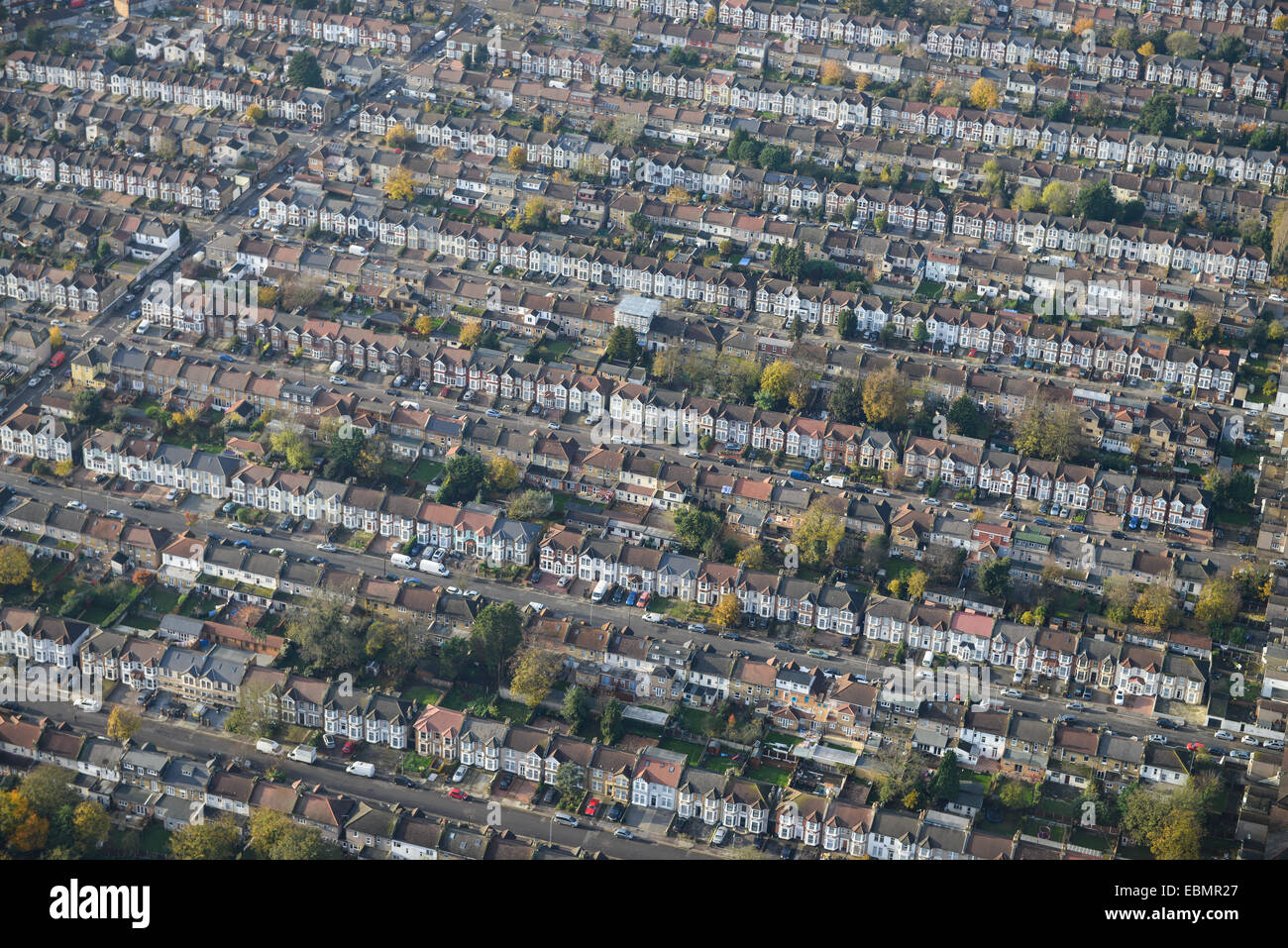 An aerial view of suburban terraced housing in Ilford, Greater London Stock Photo