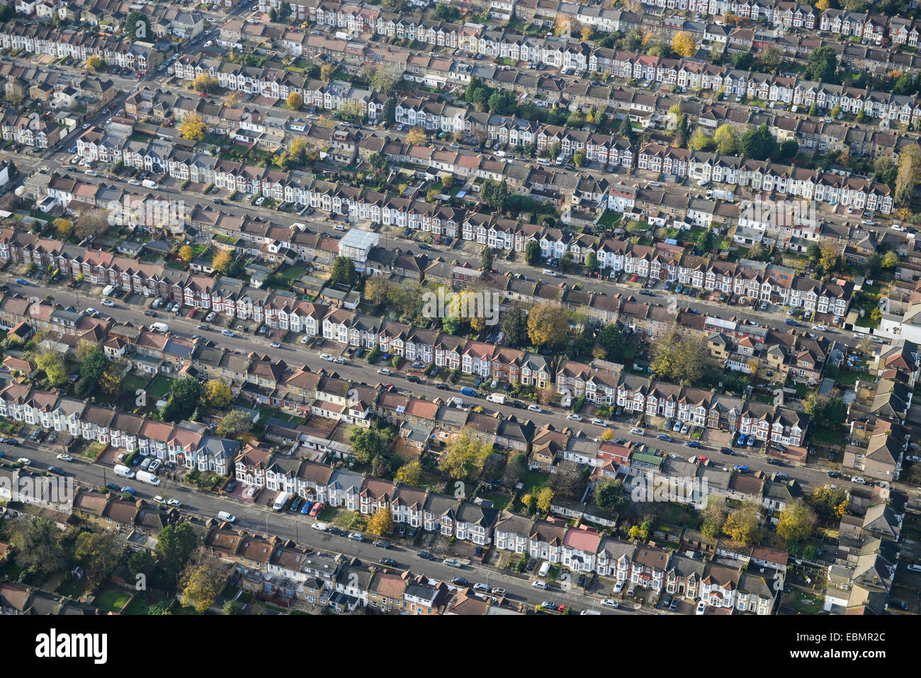 An aerial view of suburban terraced housing in Ilford, Greater London Stock Photo